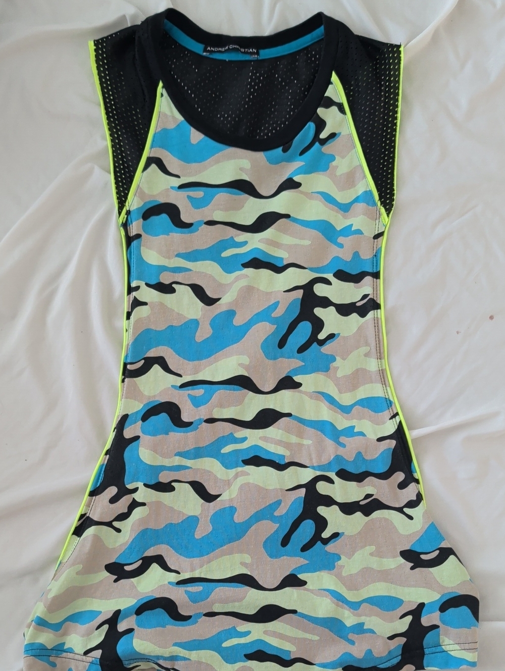 Andrew Christian Blue Camo Tank Top with Black & Neon Trim